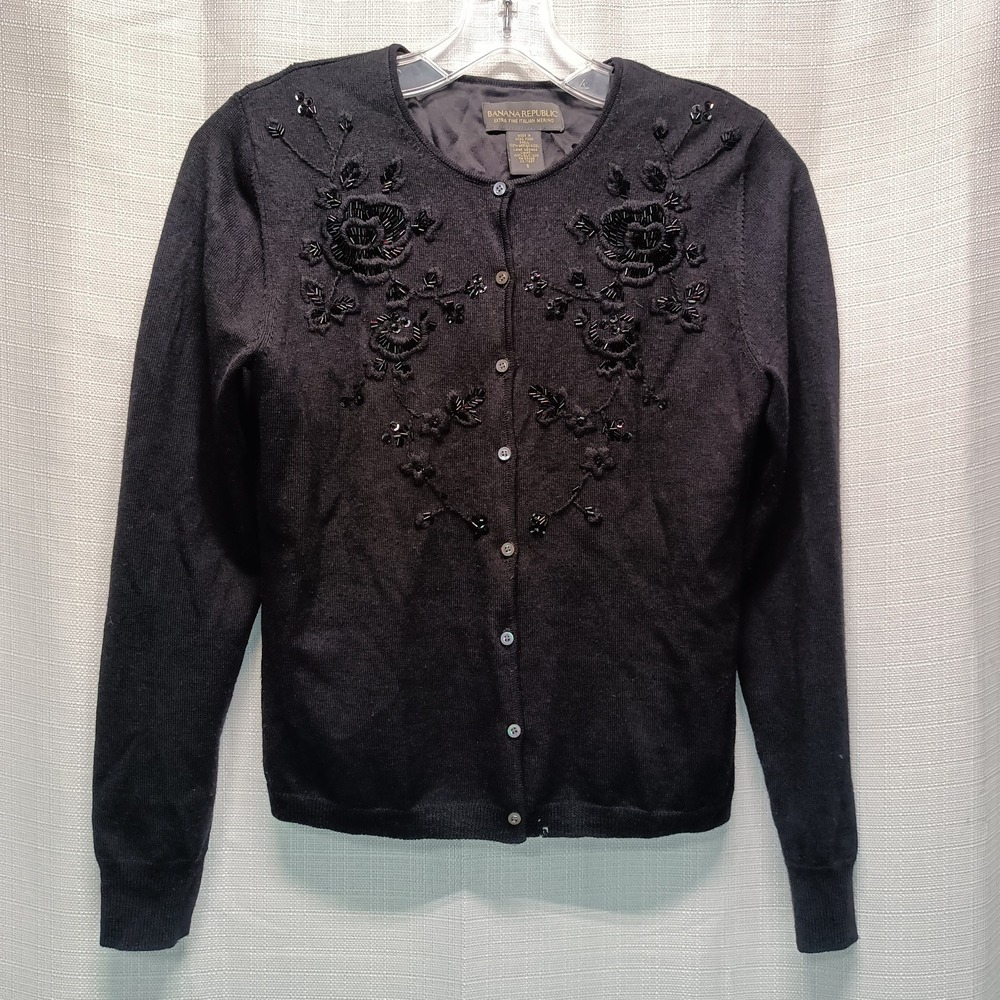 Banana Republic Black Merino Wool‎ Silk Lined Beaded Embroidered Cardigan S Vtg